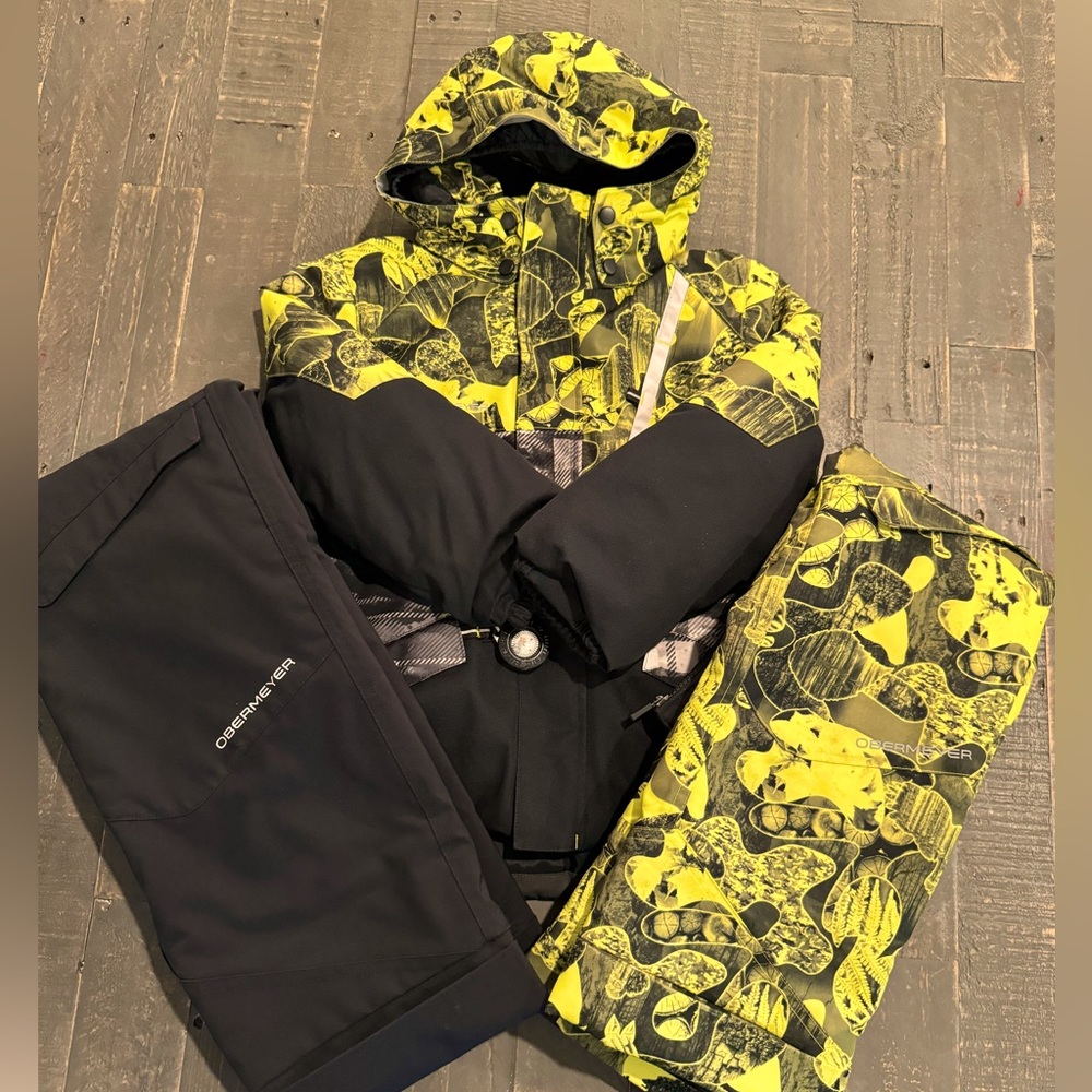 Obermeyer Boys Black Yellow Ski Jacket & Warp Ski Bibs Pants Suspender sz 5 snow